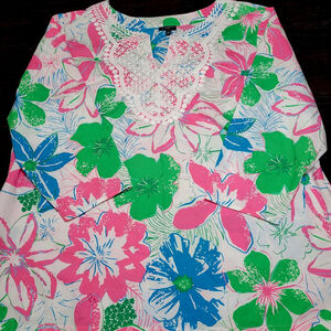 Talbots Plus Resort Tunic Top Womens 2X 3/4 Sleeve Pink Blue Lace Pullover